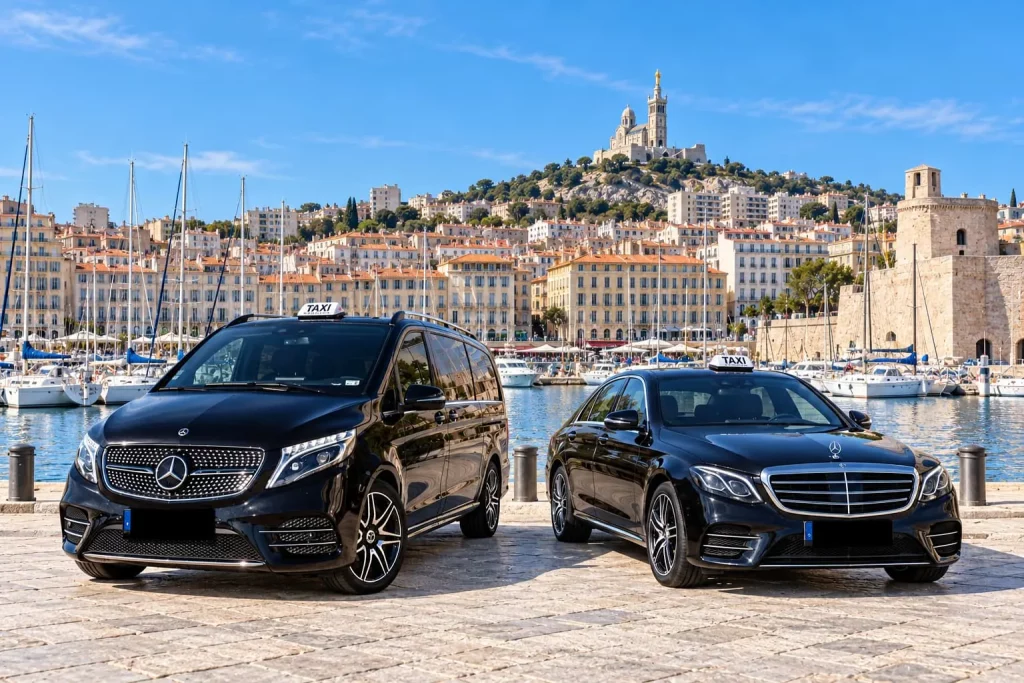 Deux taxis noirs, un van et une berline, stationnés devant le Vieux-Port de Marseille, avec Notre-Dame de la Garde en arrière-plan.