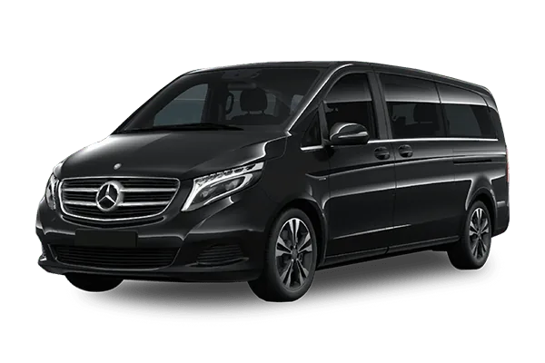 Van Mercedes noir vu de trois quarts avant.